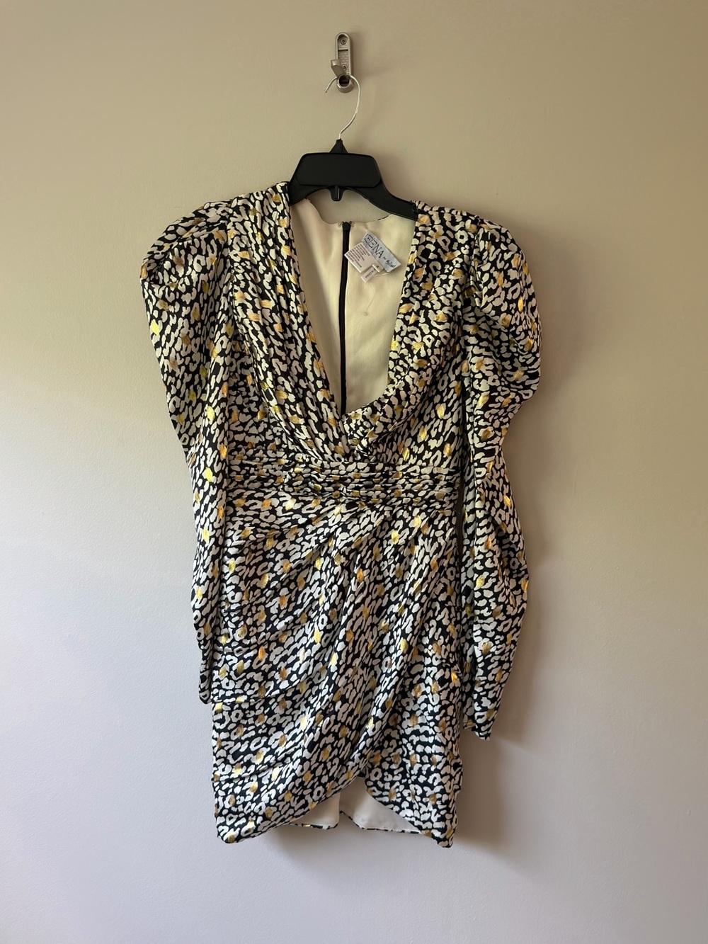 Ruched Wrap Mini Dress in Gold/Black/White Animal Print